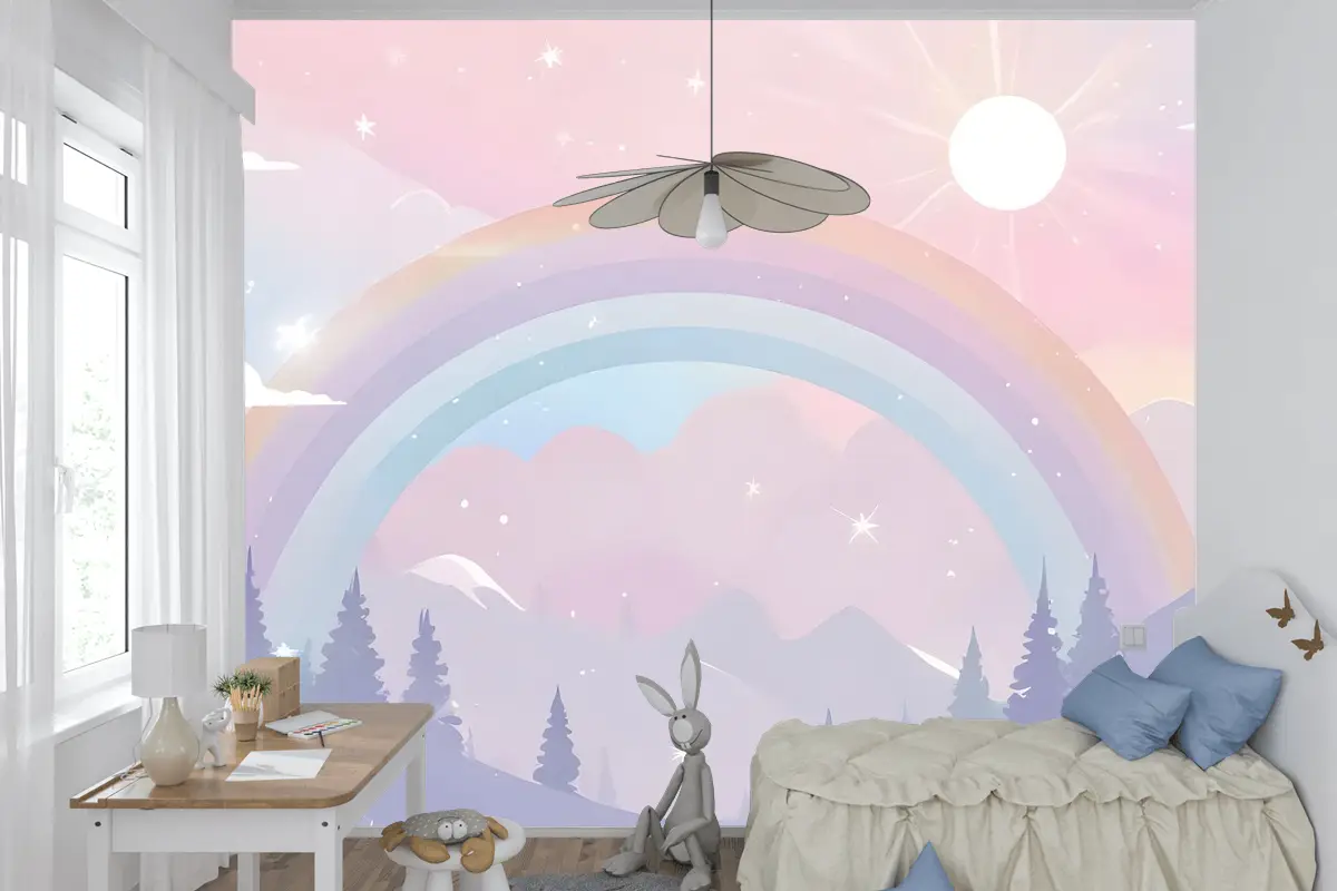 Renkli Dağlar Ve Parlak Yıldızlarla Çocuk Kreş Gökkuşağı Çocuk Odası Duvar Kağıdı