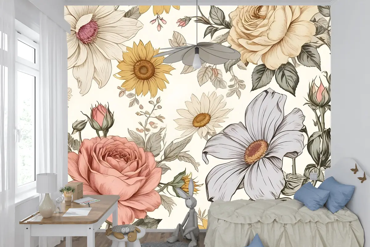 Çocuklar Şakayık Ve Papatya Çiçek Çocuk Odası Duvar Kağıdı