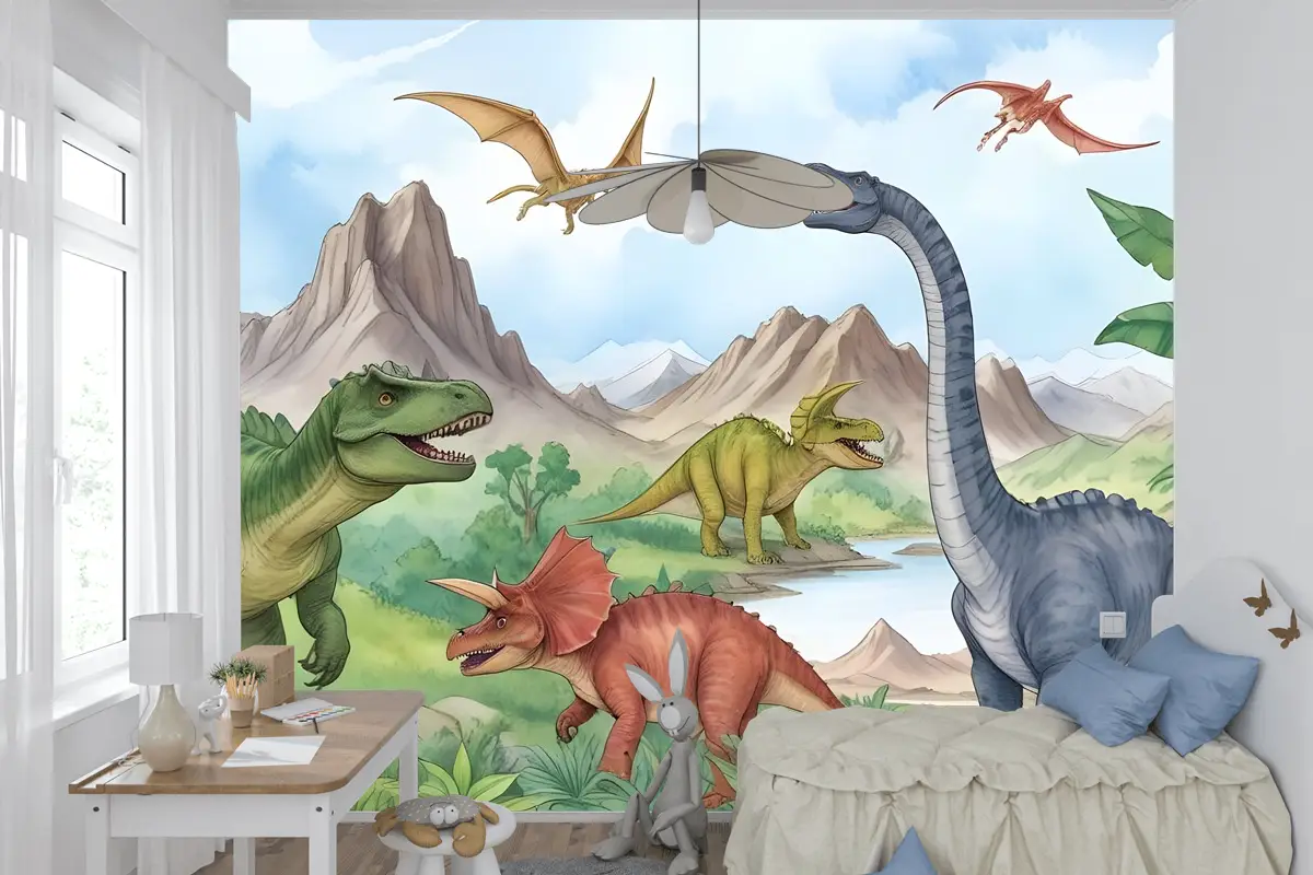 Çocuklar Tarih Öncesi Dinozor Çocuk Odası Duvar Kağıdı 