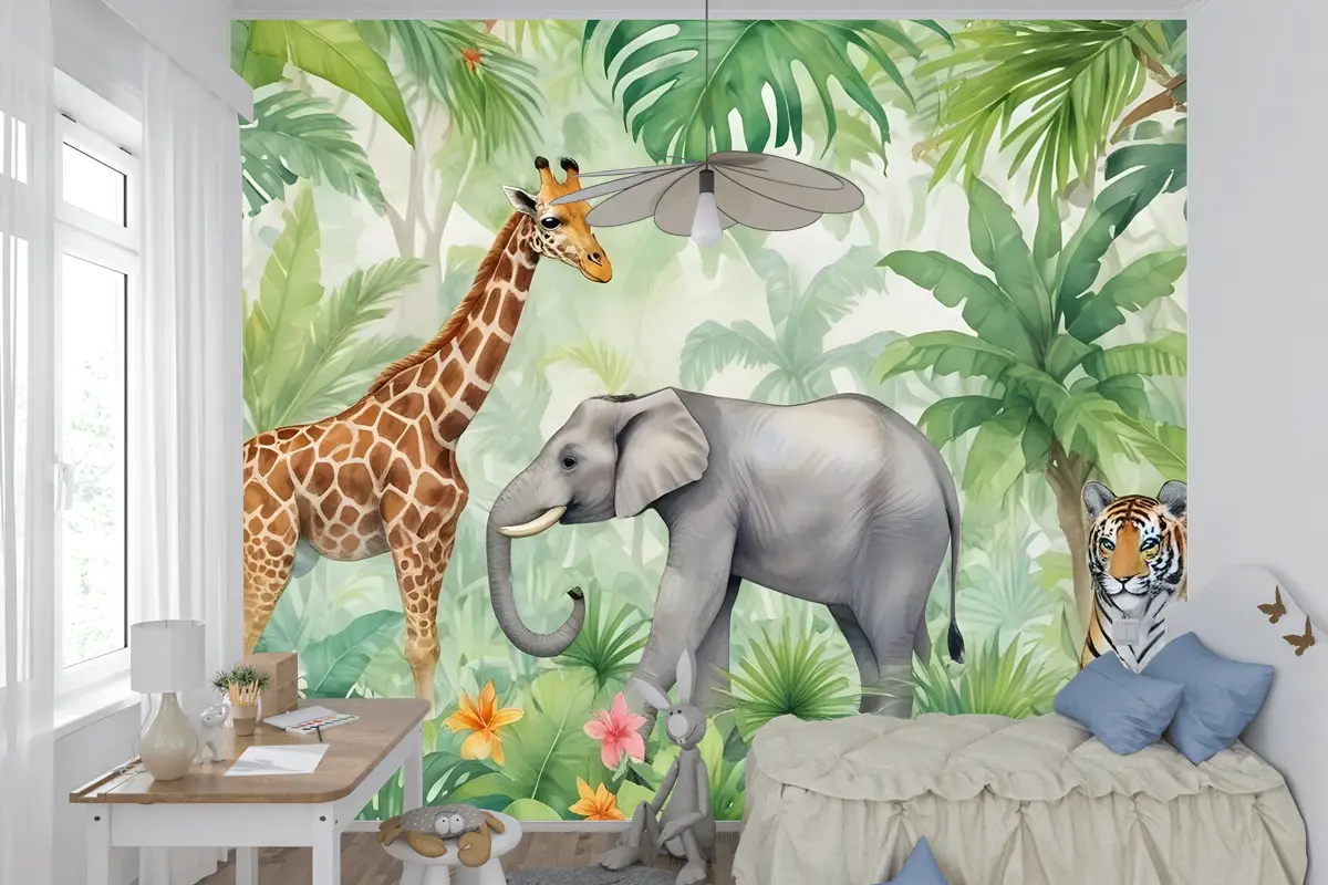 Çocuklar Safari Suluboya Tropikal Orman Orman Hayvanları Çocuk Odası Duvar Kağıdı