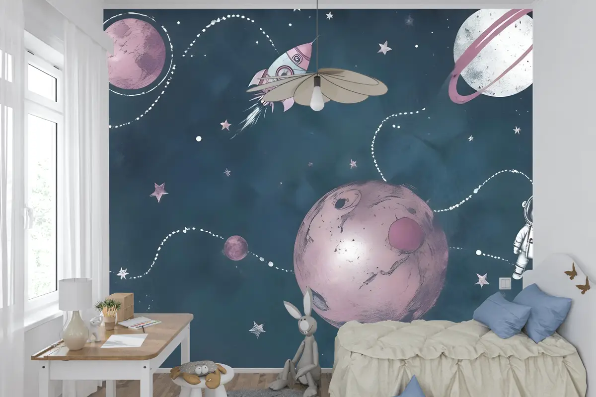 Suluboya Ayı Astronot Çocuk Odası Duvar Kağıdı Ile Uzay Parlayan Çocuklar