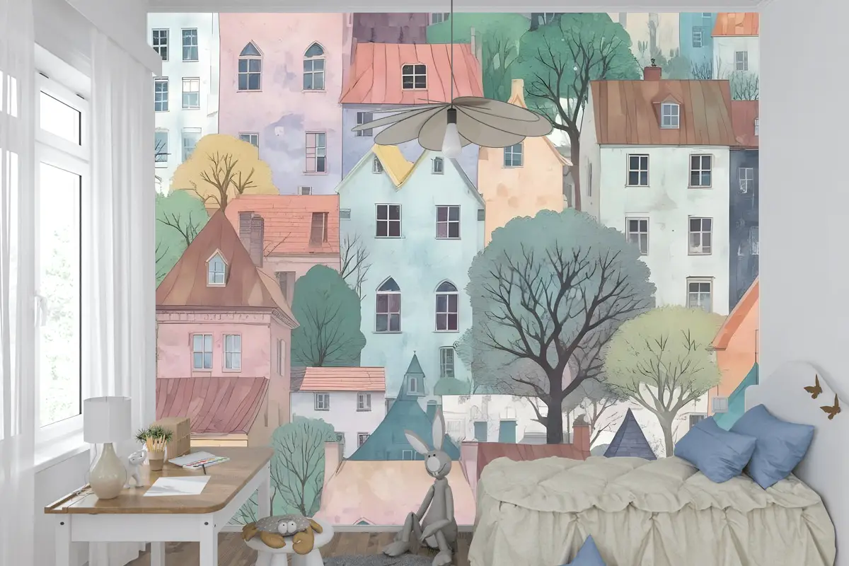 Çocuklar Küçük Kasaba Sevimli Suluboya Ev Çocuk Odası Duvar Kağıdı