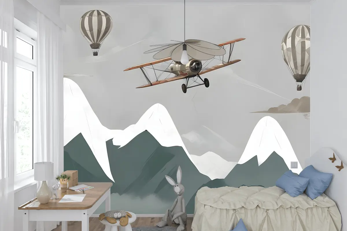 Çocuklar Uçak Ve Balonlarla Karlı Dağ Çocuk Odası Duvar Kağıdı