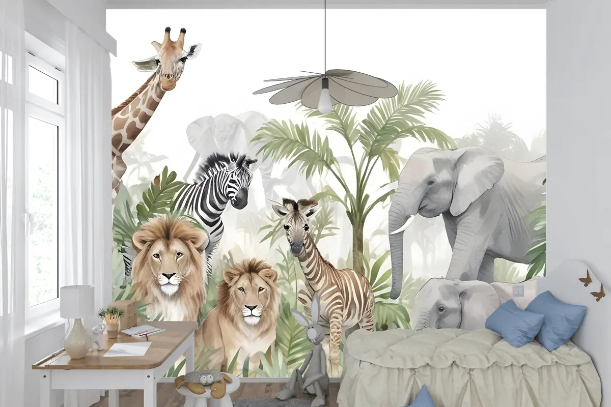 Yapraklı Tropikal Hayvanlar Çocuk Odası Duvar Kağıdı