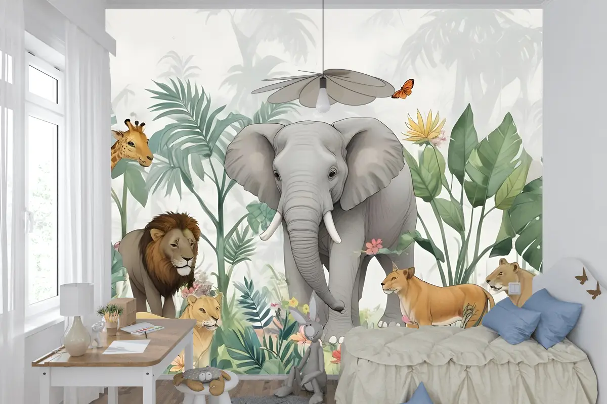 Yeşil Yapraklı Çocuklar Tropikal Safari Hayvanları Çocuk Odası Duvar Kağıdı