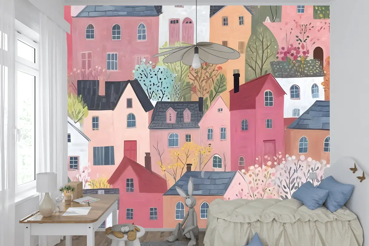 Çocuklar Suluboya Sevimli Kasaba Evi Çocuk Odası Duvar Kağıdı 