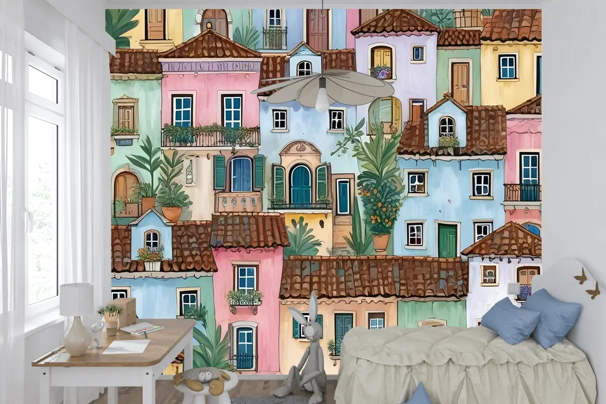 Çocuklar Suluboya Ortaçağ Evi Bitkilerle Çocuk Odası Duvar Kağıdı