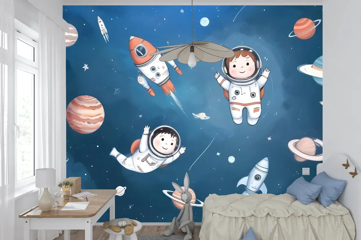 Gezegenler Çocuk Odası Duvar Kağıdı Ile Çocuklar Suluboya Uzay