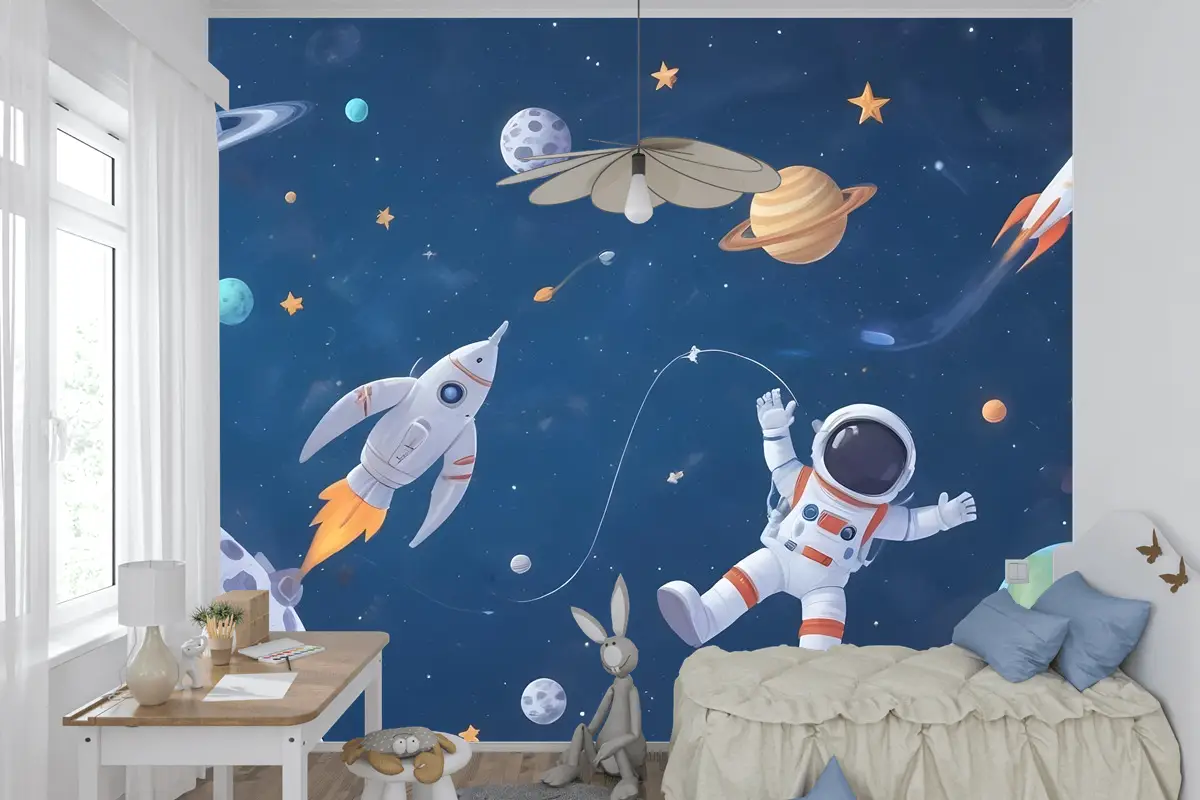 Uzay Gemisi Ve Astronotlu Çocuklar Suluboya Alanı Çocuk Odası Duvar Kağıdı