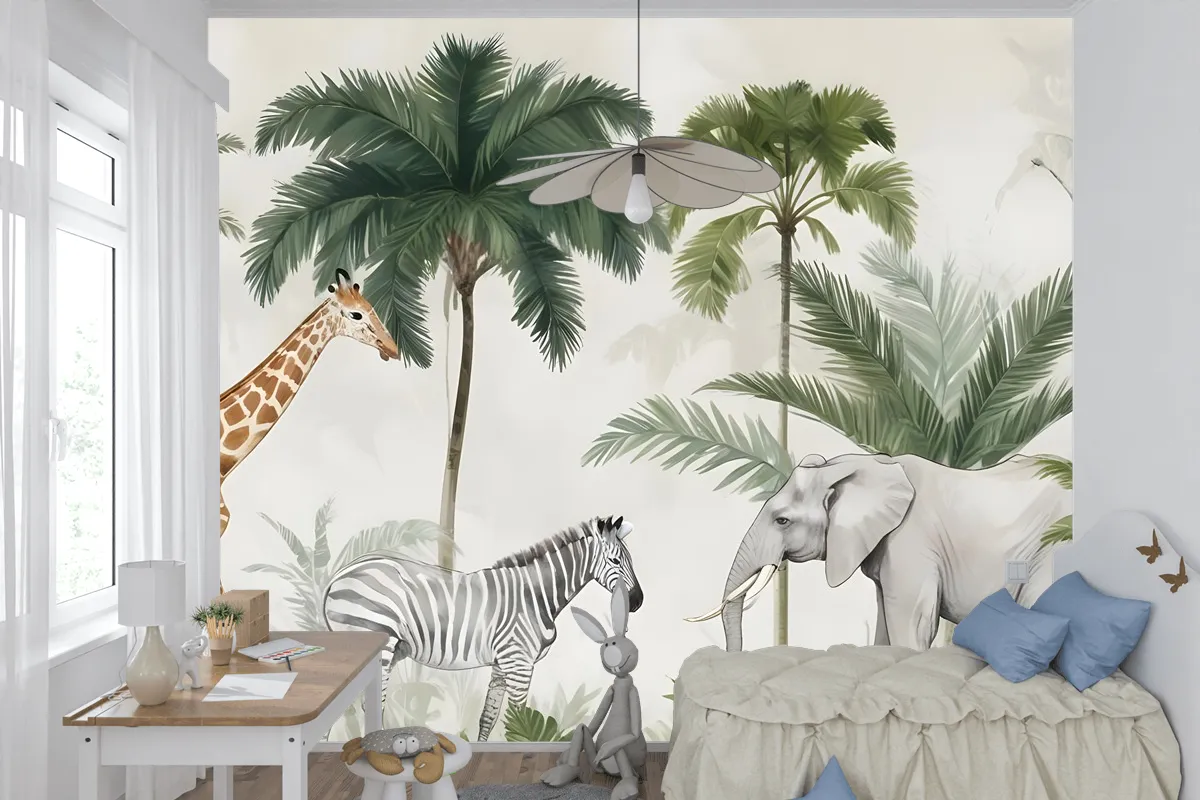 Palmiye Ağaçları Ile Çocuklar Vahşi Tropikal Hayvanlar Çocuk Odası Duvar Kağıdı