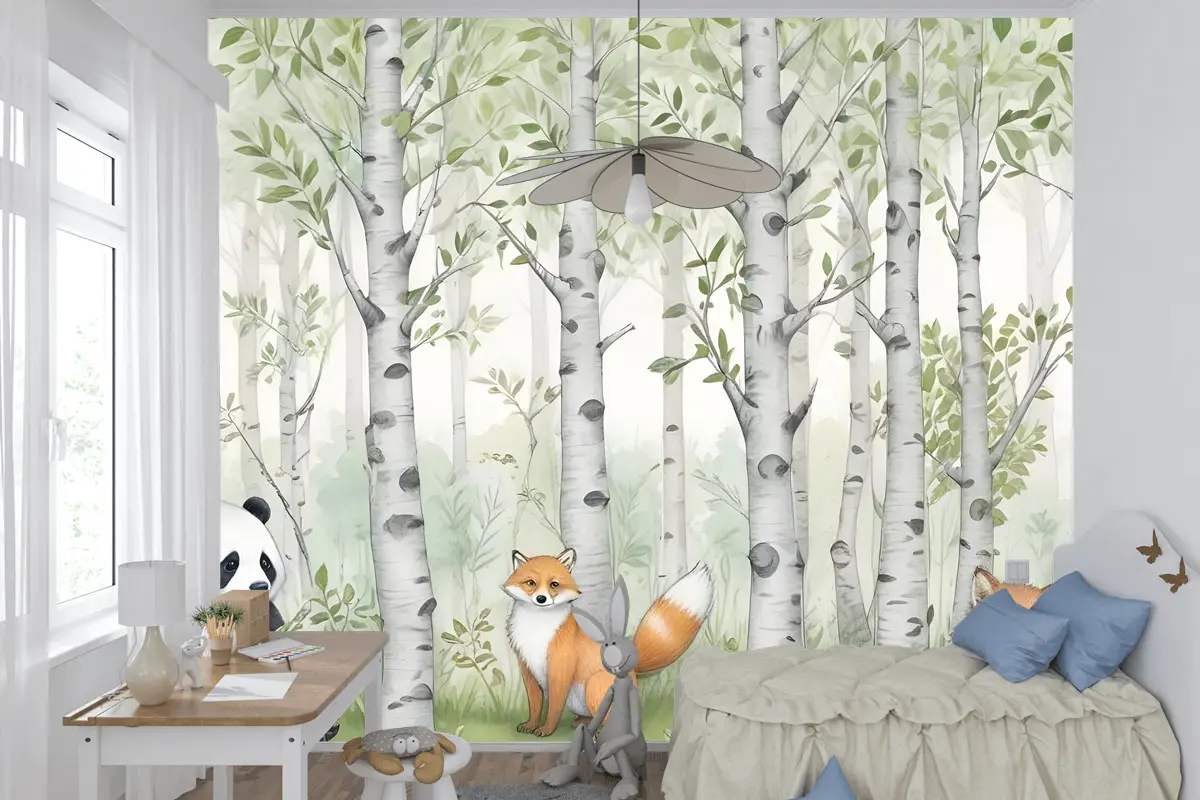 Ormandaki Çocuklar Orman Hayvanları Çocuk Odası Duvar Kağıdı