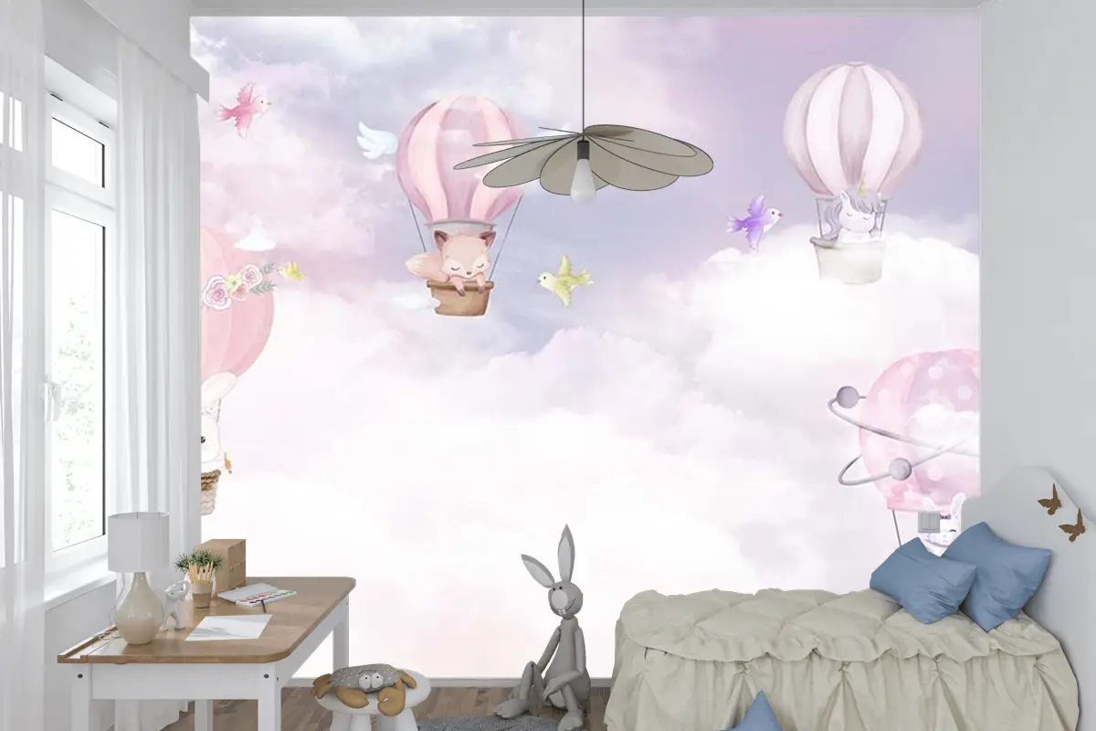 Çocuk Odası Duvar Kağıdı Balonlar Ve Sevimli Hayvanlar