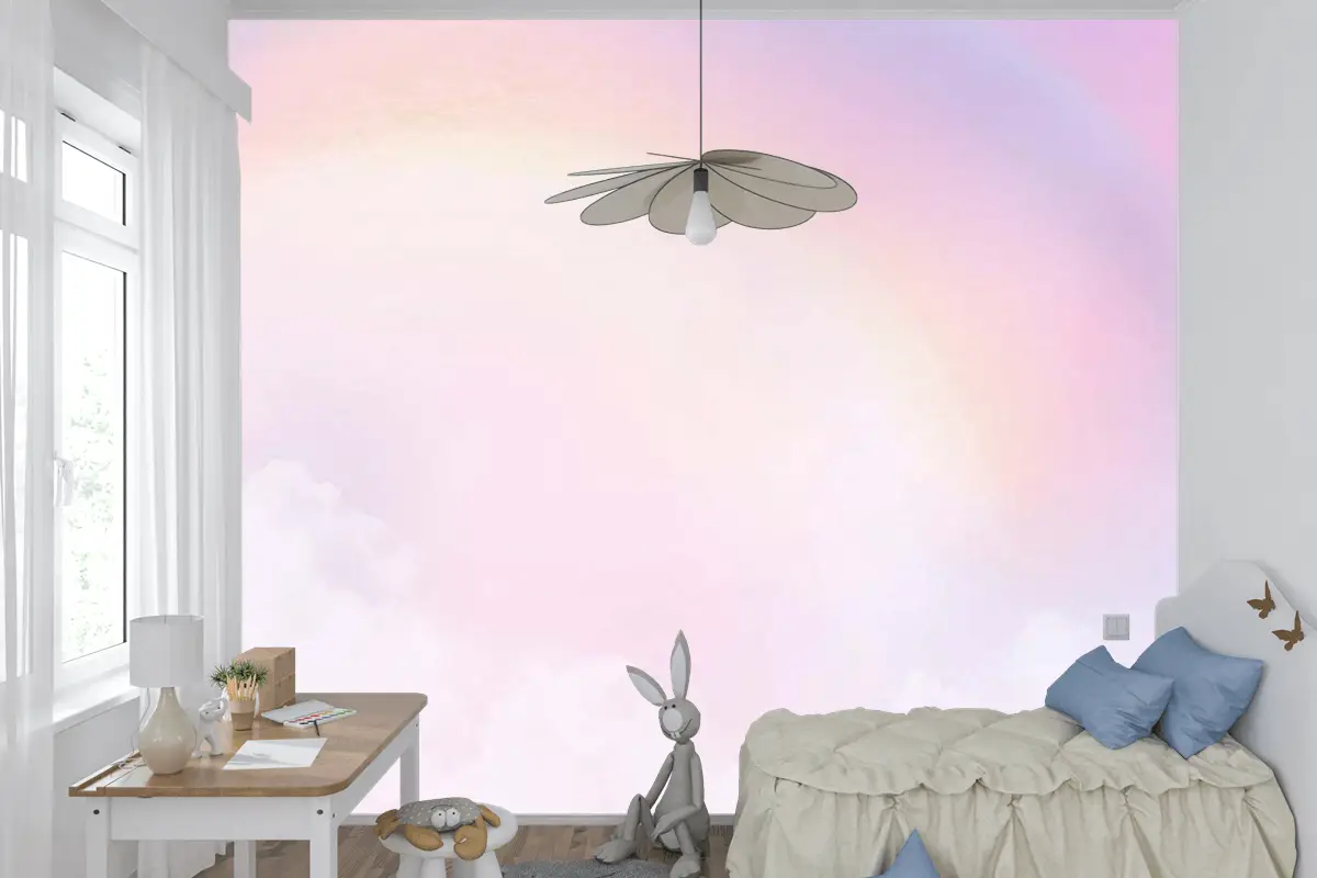 Çocuk Odası Duvar Kağıdı Gökkuşağı Ve Pembe Bulutlar