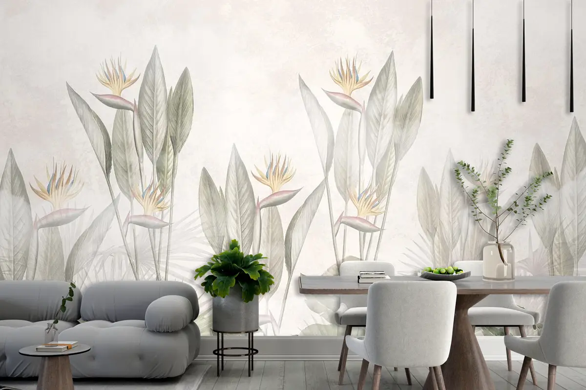 Krem Arka Plan Tropik Yapraklar Duvar Kağıdı