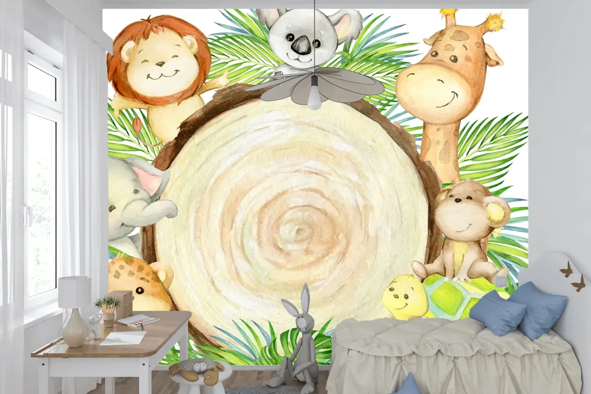 Leopar Maymun Koala Aslan Kaplumbağa Fil Zürafa Yazı Bir Tropikal Hayvanlar Çocuk Odası Duvar Kağıdı