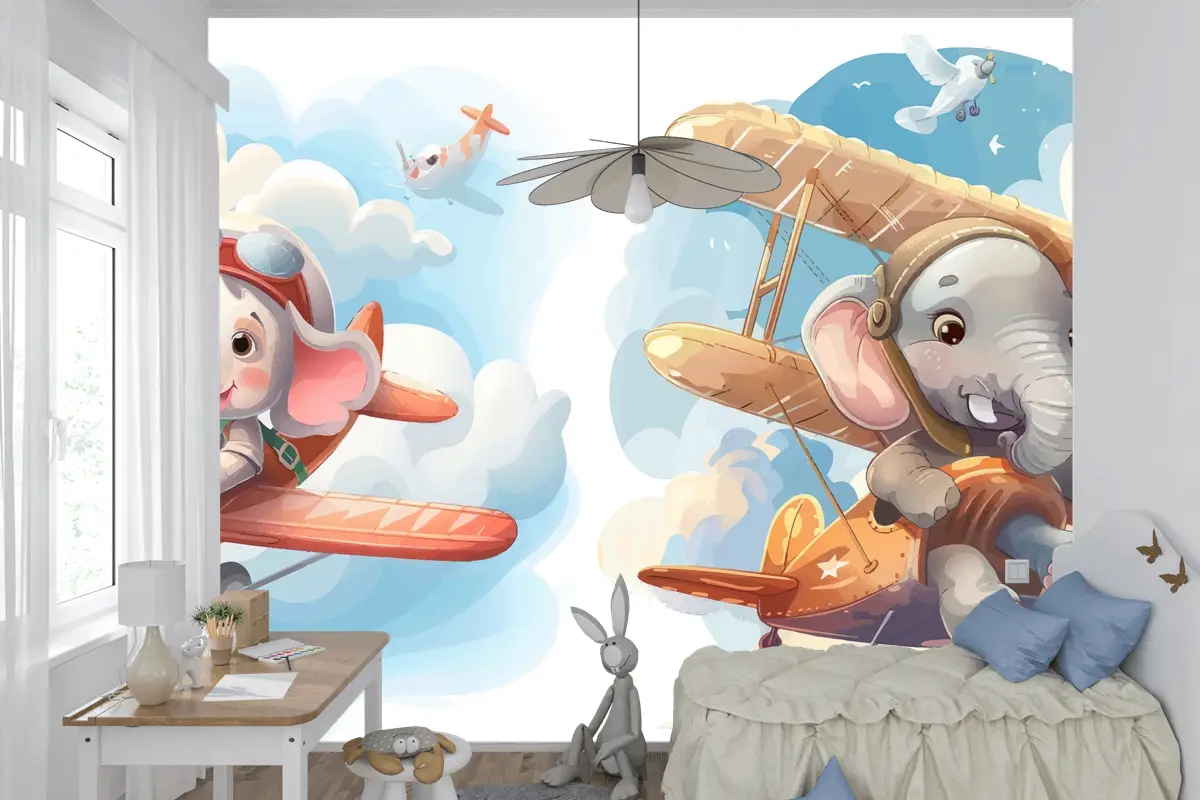Uçaktaki Küçük Fil Çocuk Odası Duvar Kağıdı 