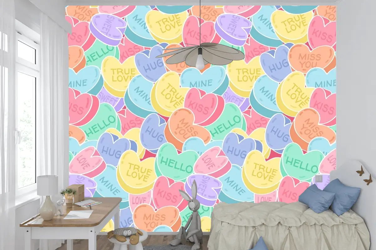 Güzel Konuşma Kalpler Desen Çocuk Odası Duvar Kağıdı 