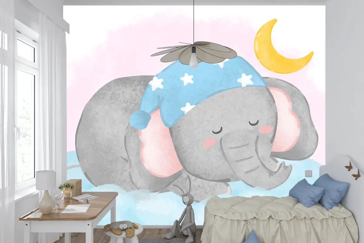 Suluboya Çocuk Odası Duvar Kağıdı Nde Bulutun Üzerinde Uyuyan Güzel Fil