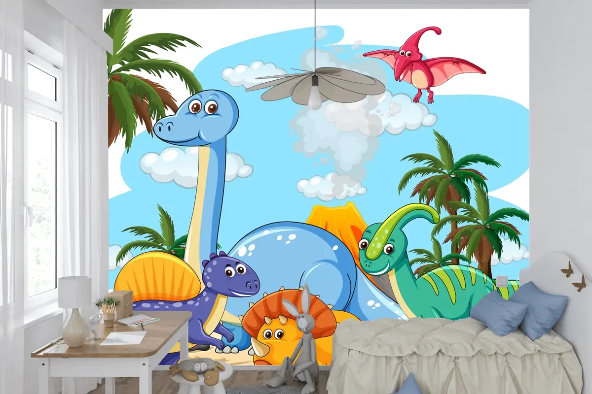 Tarih Öncesi Topraklarda Birçok Sevimli Dinozor Karakteri İzole Çocuk Odası Duvar Kağıdı
