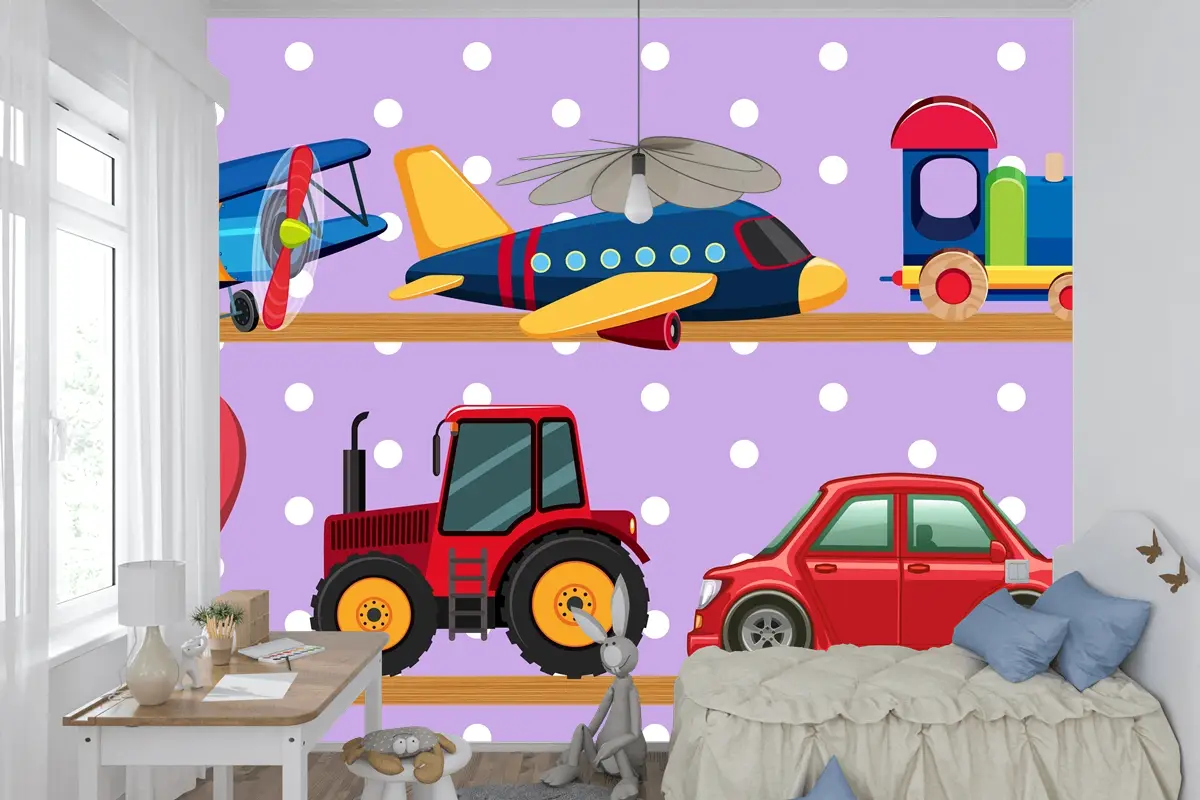 Ahşap Raflarda Birçok Taşıma Oyuncakları Çocuk Odası Duvar Kağıdı