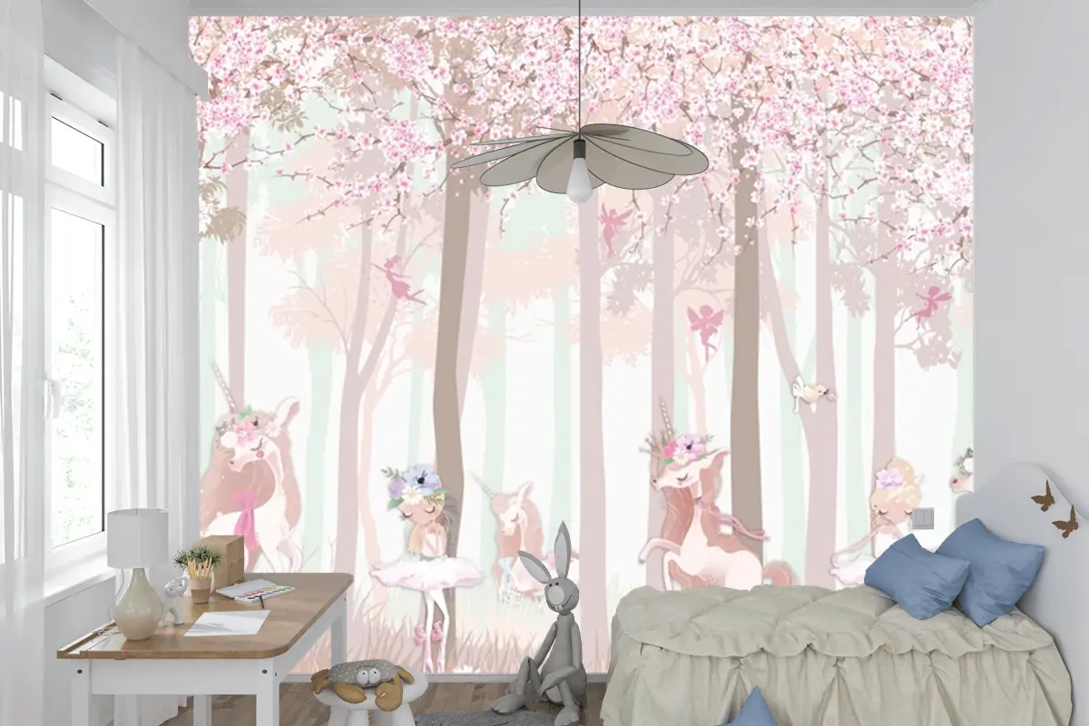 Masal Unicorn Pembe Orman Çocuk Odası Duvar Kağıdı