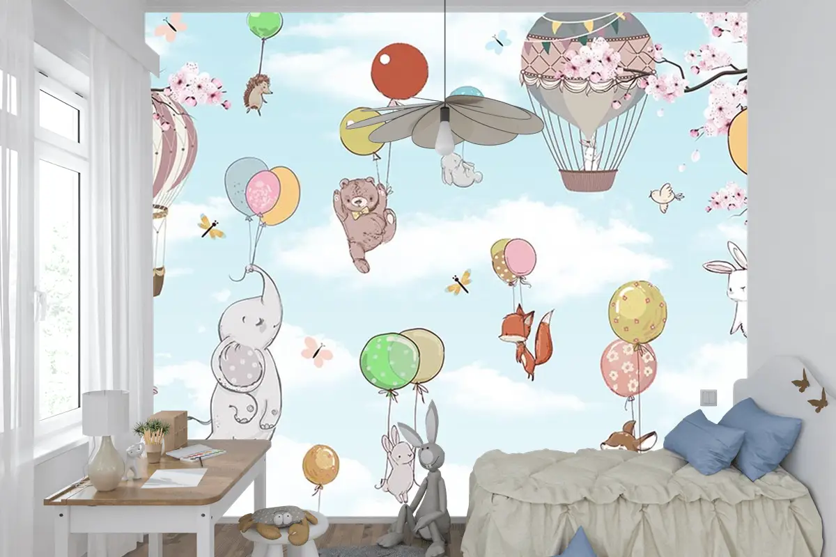 Mavi Gökyüzünde Balonlara Asılan Sevimli Hayvanlar Çocuk Odası Duvar Kağıdı