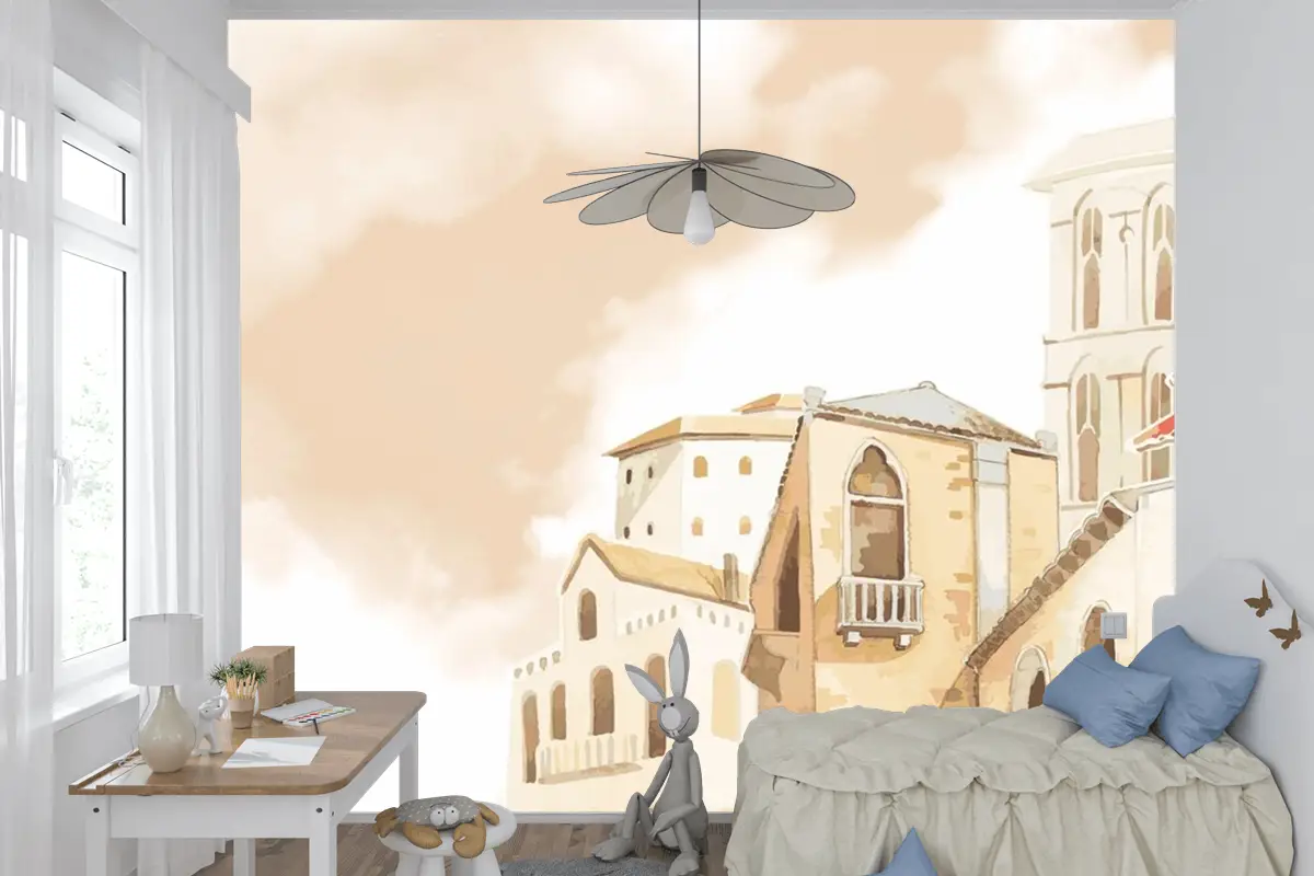 Akdeniz Şehir Binası Dış Su Renk Stili Çocuk Odası Duvar Kağıdı 