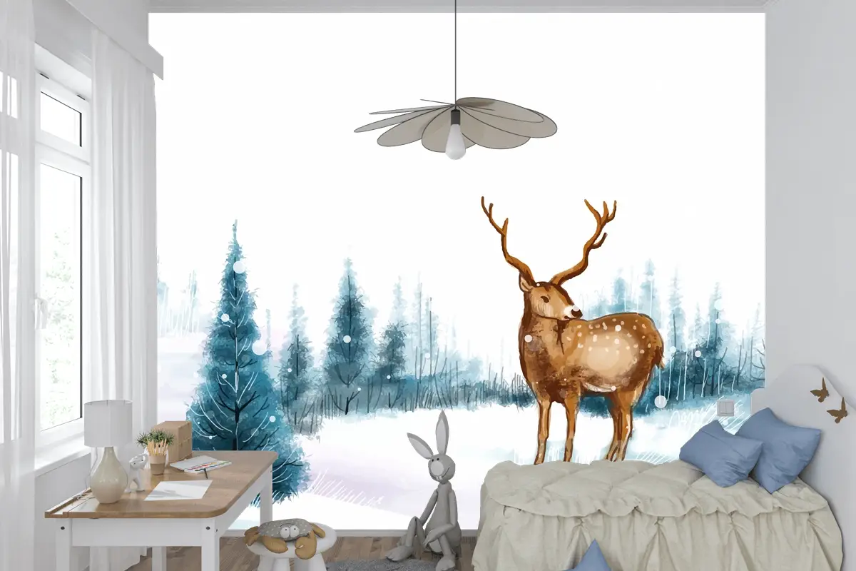 Ren Geyiği Çocuk Odası Duvar Kağıdı  Ile Yeni Yıl Ve Noel Ağacı Kış Manzarası Arka Plan