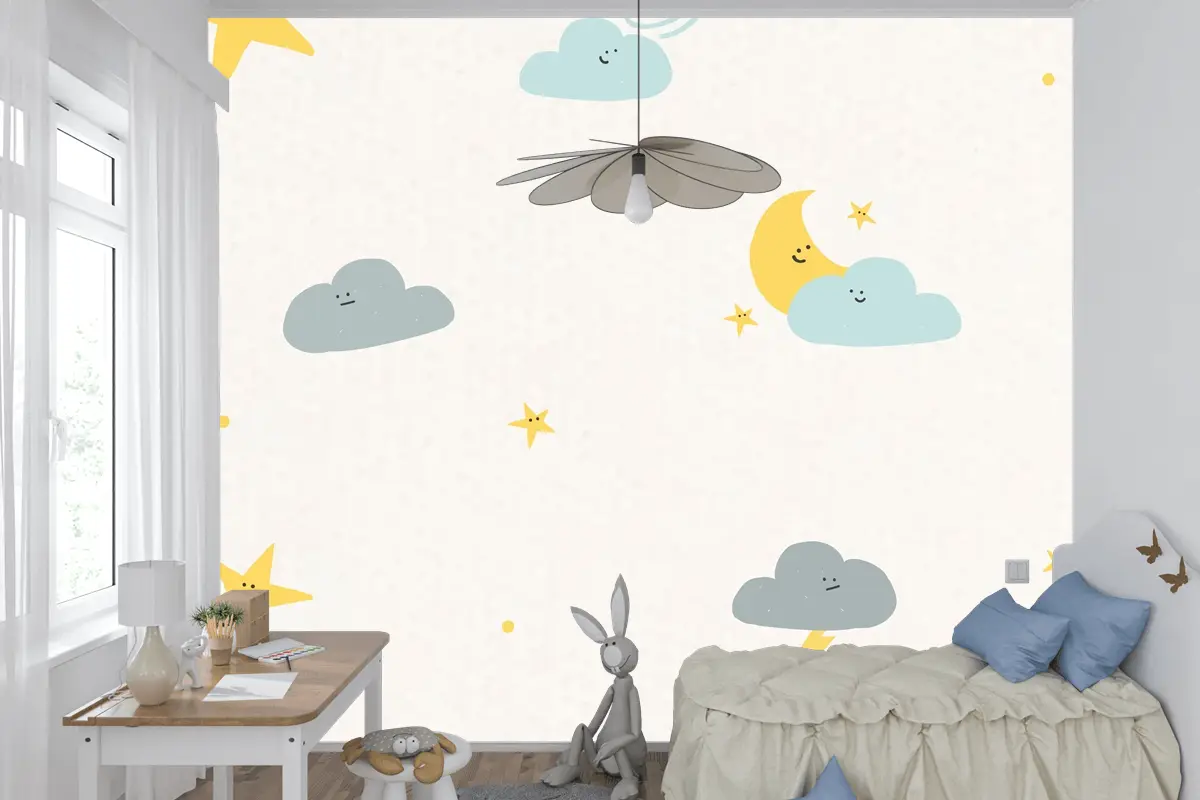 Gece Gökyüzü Dikişsiz Desen Hava Durumu Doodle Çocuk Odası Duvar Kağıdı 