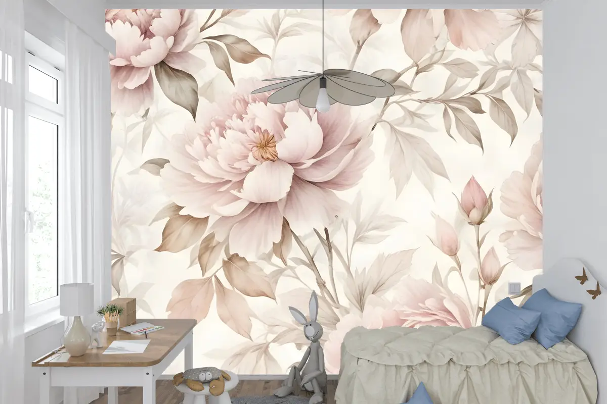 Kızlar Için Kreş Pastel Şakayık Suluboya Çiçek Çocuk Odası Duvar Kağıdı