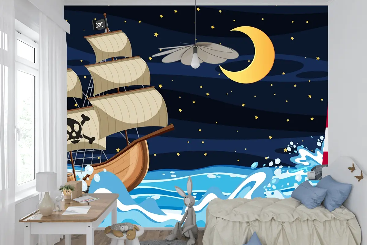 Karikatür Tarzında Korsan Gemisi Ile Gece Okyanus Sahnesi Çocuk Odası Duvar Kağıdı