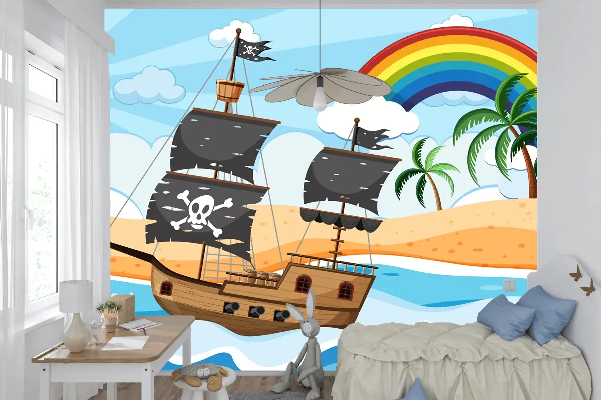 Karikatür Tarzı Çocuk Odası Duvar Kağıdı Duvarında Gündüz Sahnesinde Korsan Gemisi Ile Okyanus