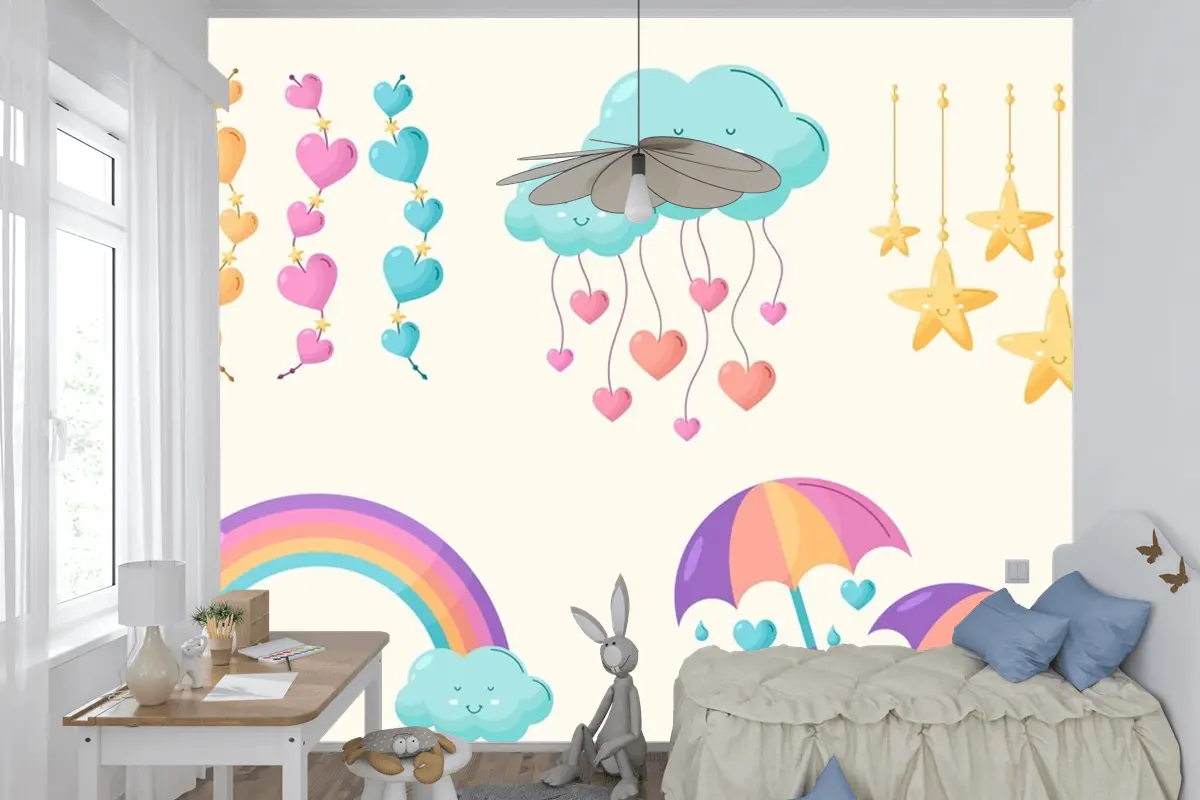 Organik Düz Chuva De Amor Dekorasyon Elemanı Koleksiyonu Çocuk Odası Duvar Kağıdı 