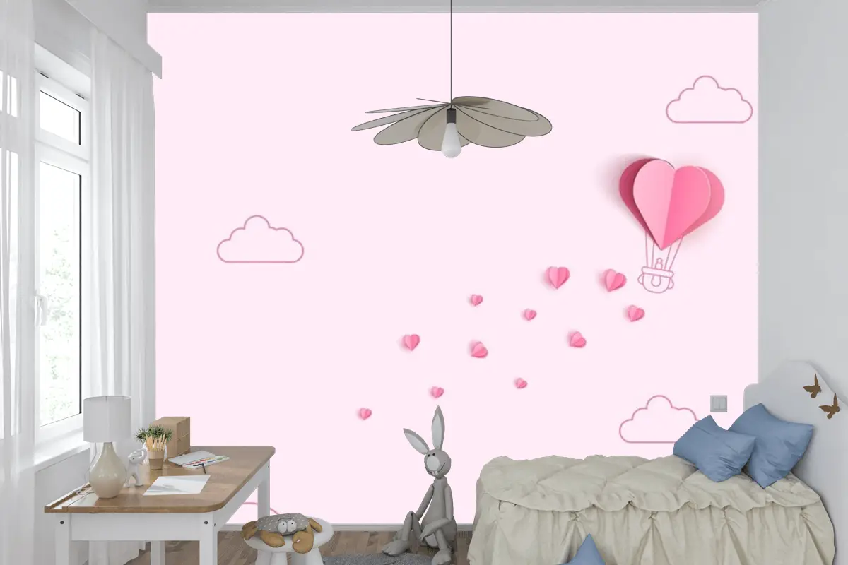 Origami Yapımı Sıcak Hava Balonu Ve Bulut Çocuk Odası Duvar Kağıdı