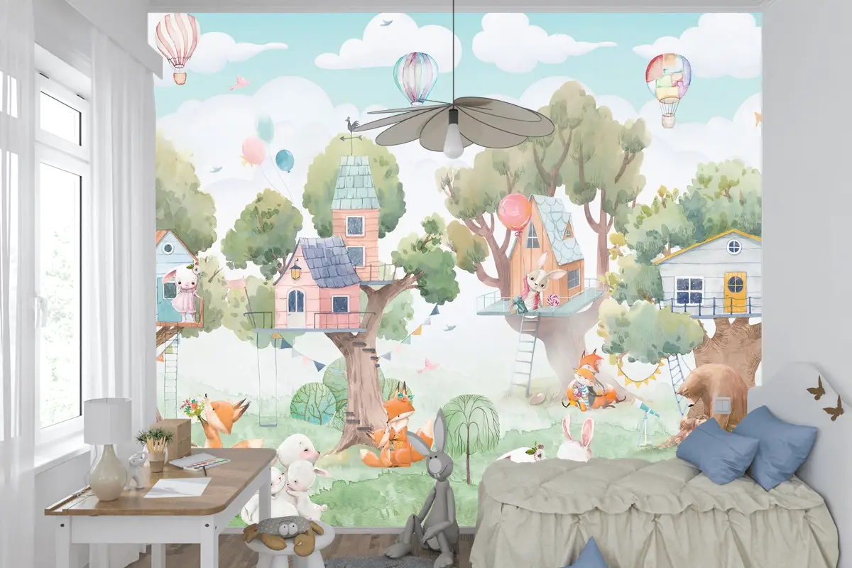 Orman Ağaçevleri ve Şenlikçi Hayvanlar Çocuk Odası Duvar Kağıdı