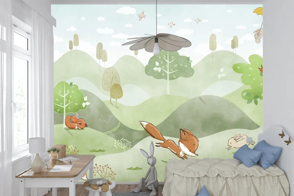 Orman Hayvanları Yeşil Orman Geyik Tilki Tavşan Bebek Odası Duvar Kağıdı