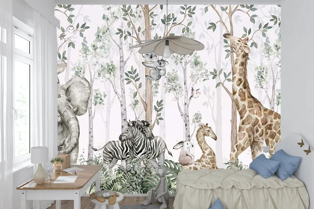 Ormanda Ağaçlar Arasında Sevimli Hayvanlar Çocuk Odası Duvar Kağıdı