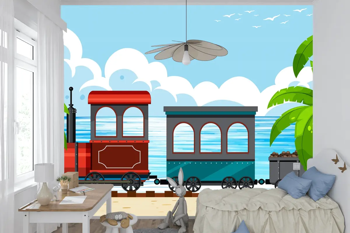 Buharlı Lokomotif Treni Boys Çocuk Odası Duvar Kağıdı  Ile Açık Hava Sahnesi