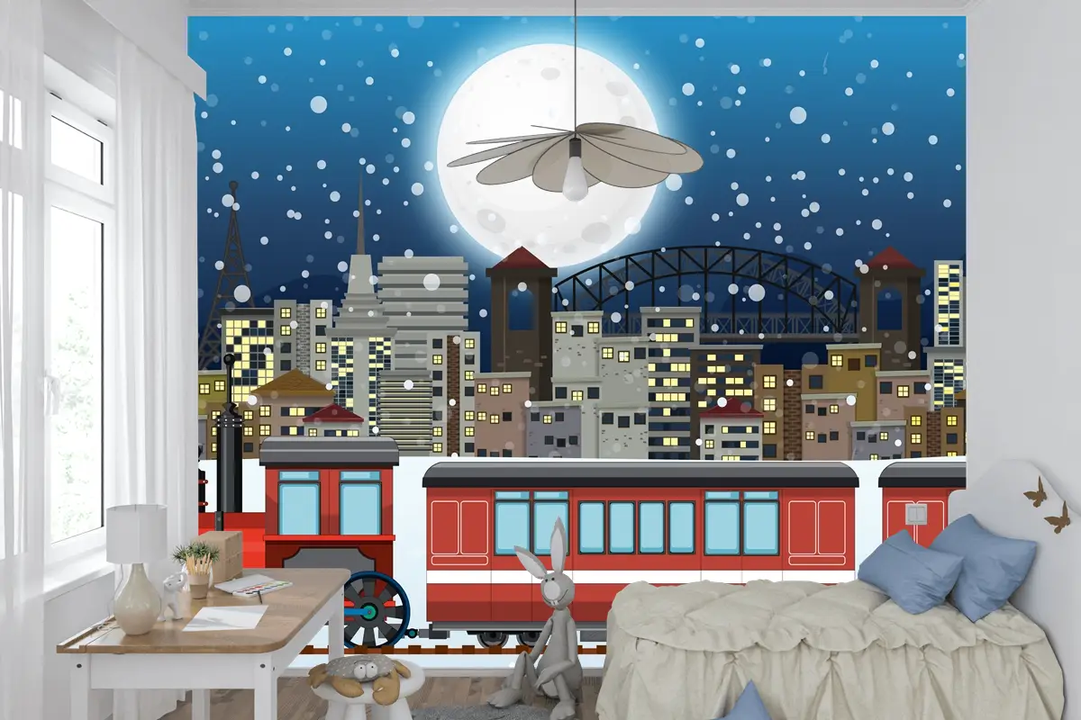 Buharlı Lokomotif Treni Ile Açık Hava Sahnesi Çocuk Odası Duvar Kağıdı