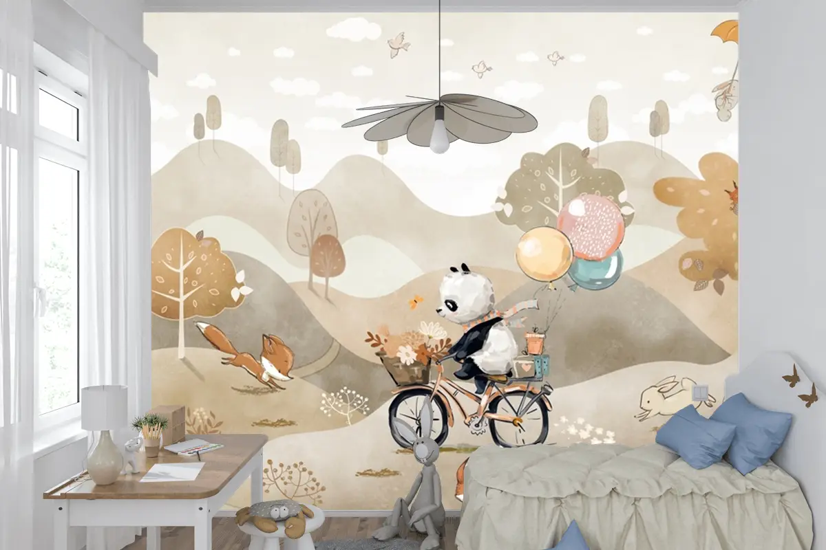 Panda Bisiklet Orman Yaban Hayatı Çocuk Odası Duvar Kağıdı