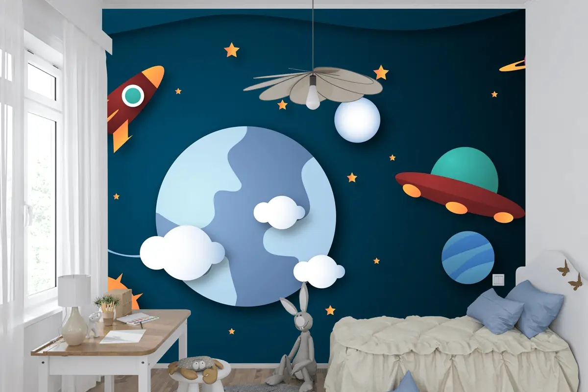 Kağıt Stili Galaxy Arka Plan Çocuk Odası Duvar Kağıdı 