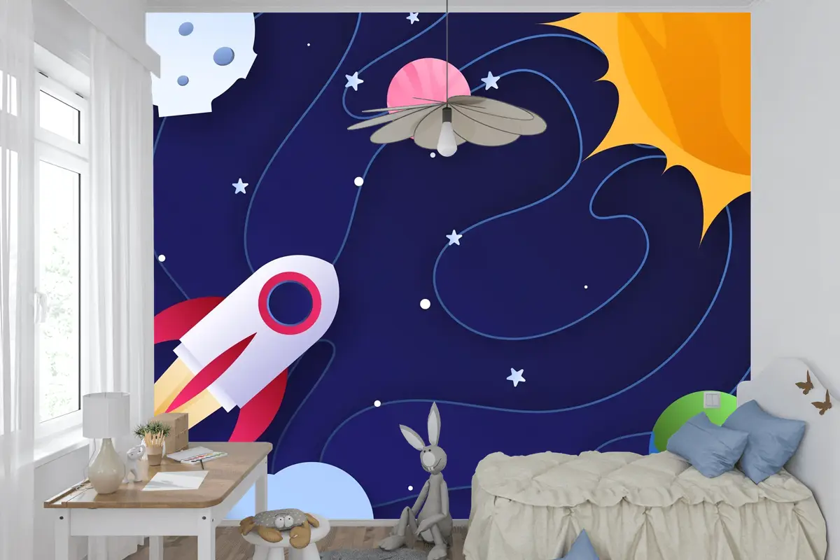 Kağıt Stili Galaxy Çocuk Odası Duvar Kağıdı