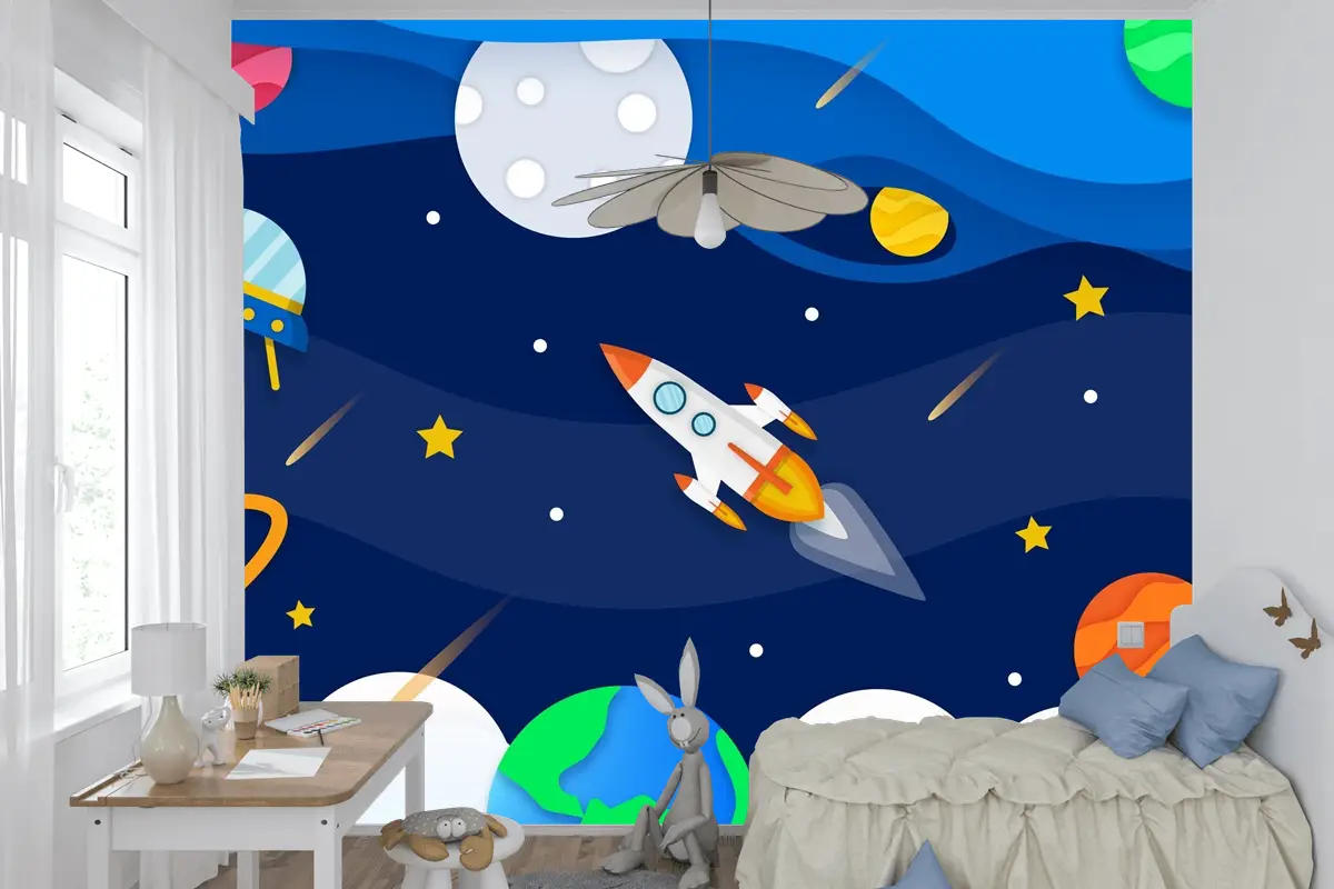Roket Çocuk Odası Duvar Kağıdı  Ile Kağıt Tarzı Galaksi
