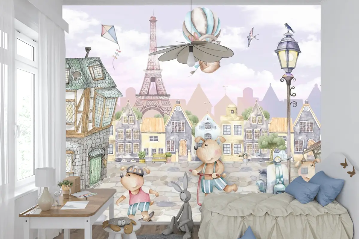 Paris Hayvanlar Retro Şehir Çocuk Odası Duvar Kağıdı