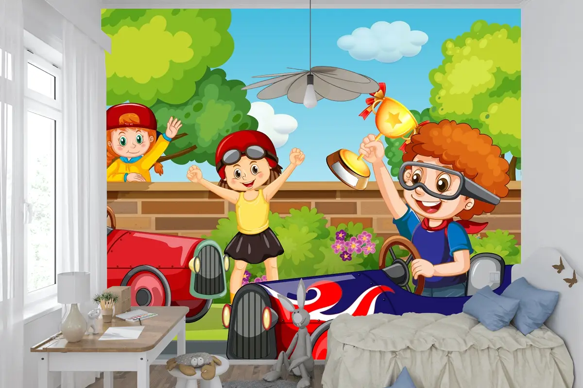 Çocuk Araba Yarışı Çocuk Odası Duvar Kağıdı  Ile Park Sahnesi