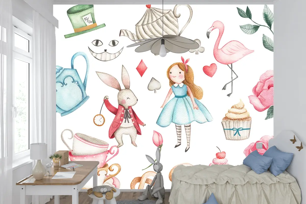 Pastel Alice Masalı ve Çay Saati Çocuk Odası Duvar Kağıdı