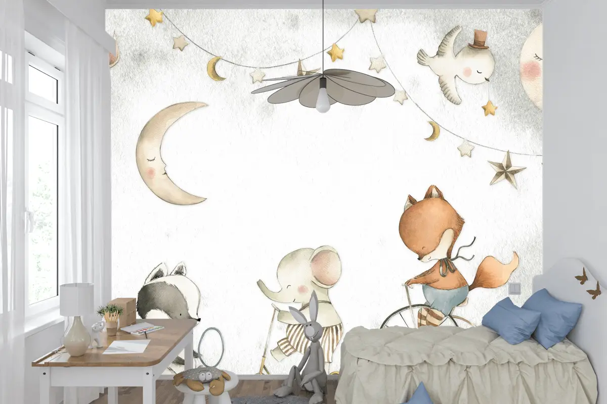 Pastel Ay, Fil ve Tilki Oyun Sahnesi Çocuk Odası Duvar Kağıdı