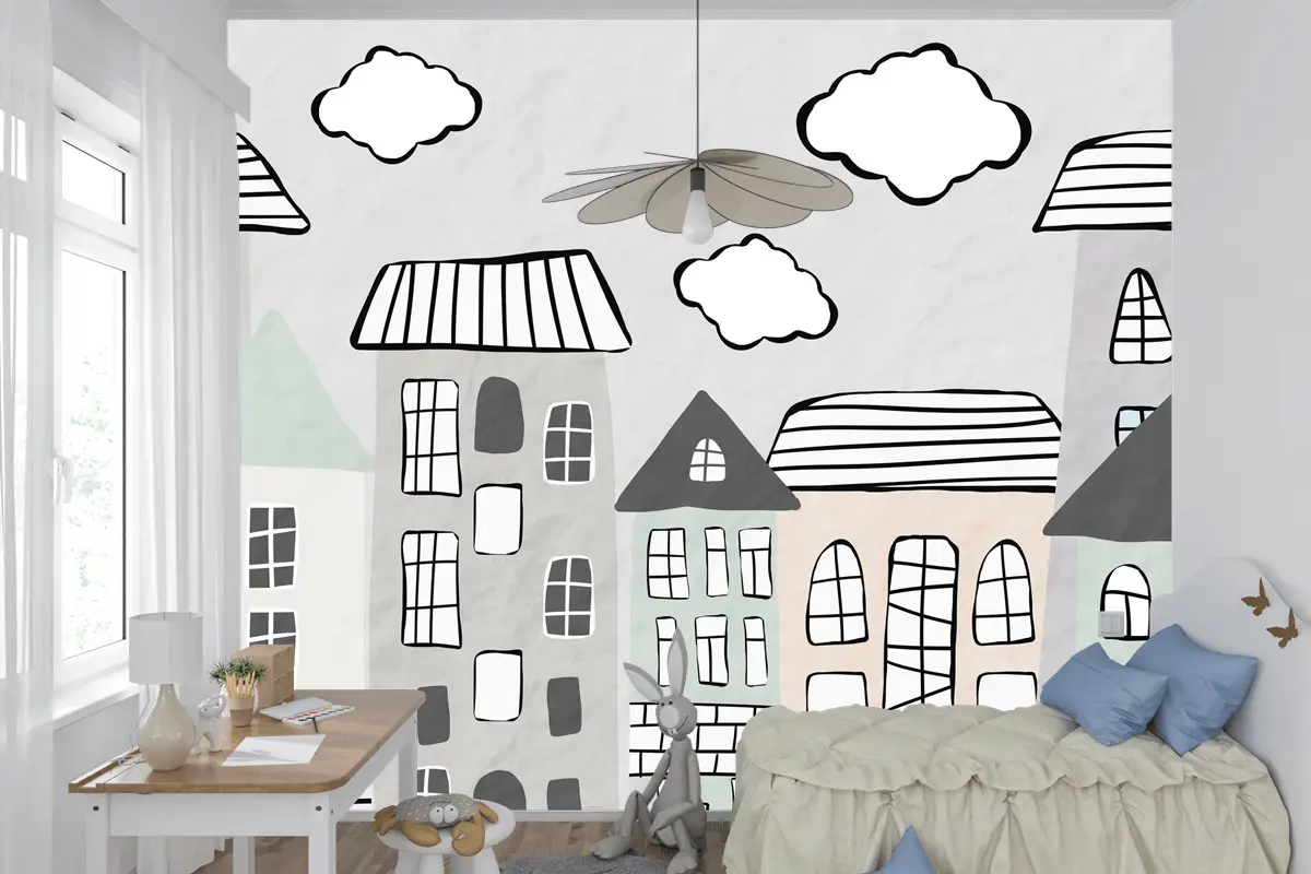 Pastel Bulutlar ve Şehir Evleri Çocuk Odası Duvar Kağıdı