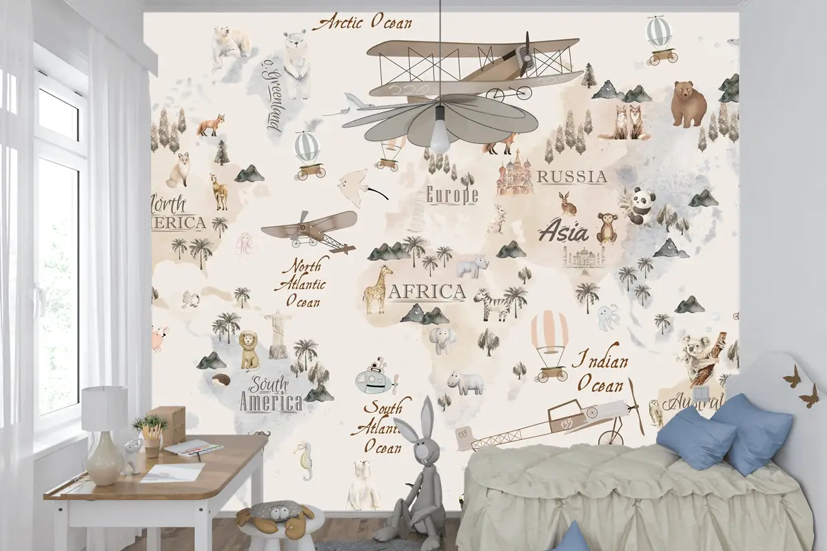 Pastel Dünya Haritası Eğitici ve Eğlenceli Çocuk Odası Duvar Kağıdı