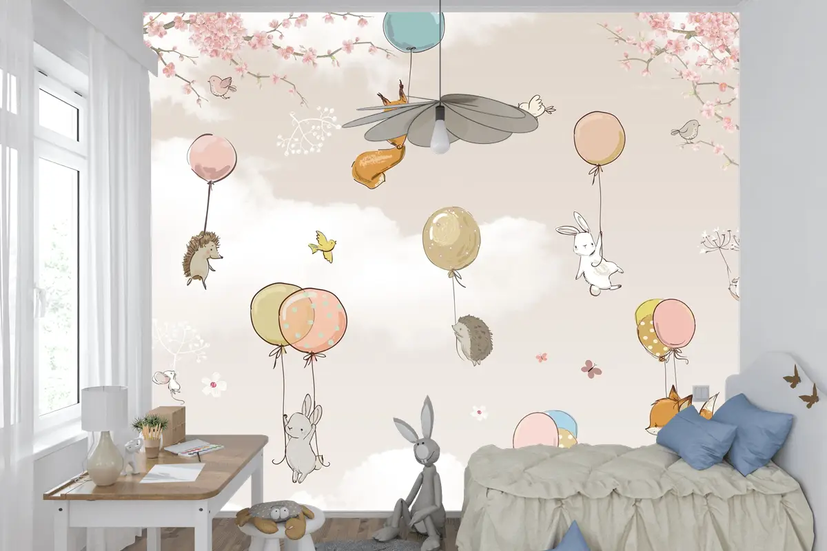 Pastel Sıcak Hava Balonları ve Orman Hayvanları Çocuk Odası Duvar Kağıdı
